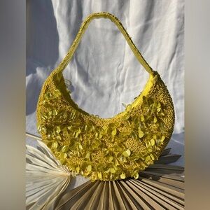 Viral Yellow Beaded Bag, Moon Shape Shoulder Bag, Handmade NWT